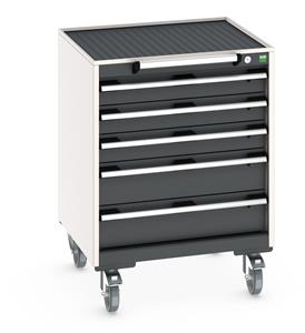 Bott Cubio 5 Drawer Mobile Cabinet with external dimensions of 650mm wide x 650mm deep  x 885mm high. Each drawer has a 50kg U.D.L. capacity with 100% extension and the unit also features drawer blocking and safety interlocks.... Bott Mobile Storage 650 x 650
